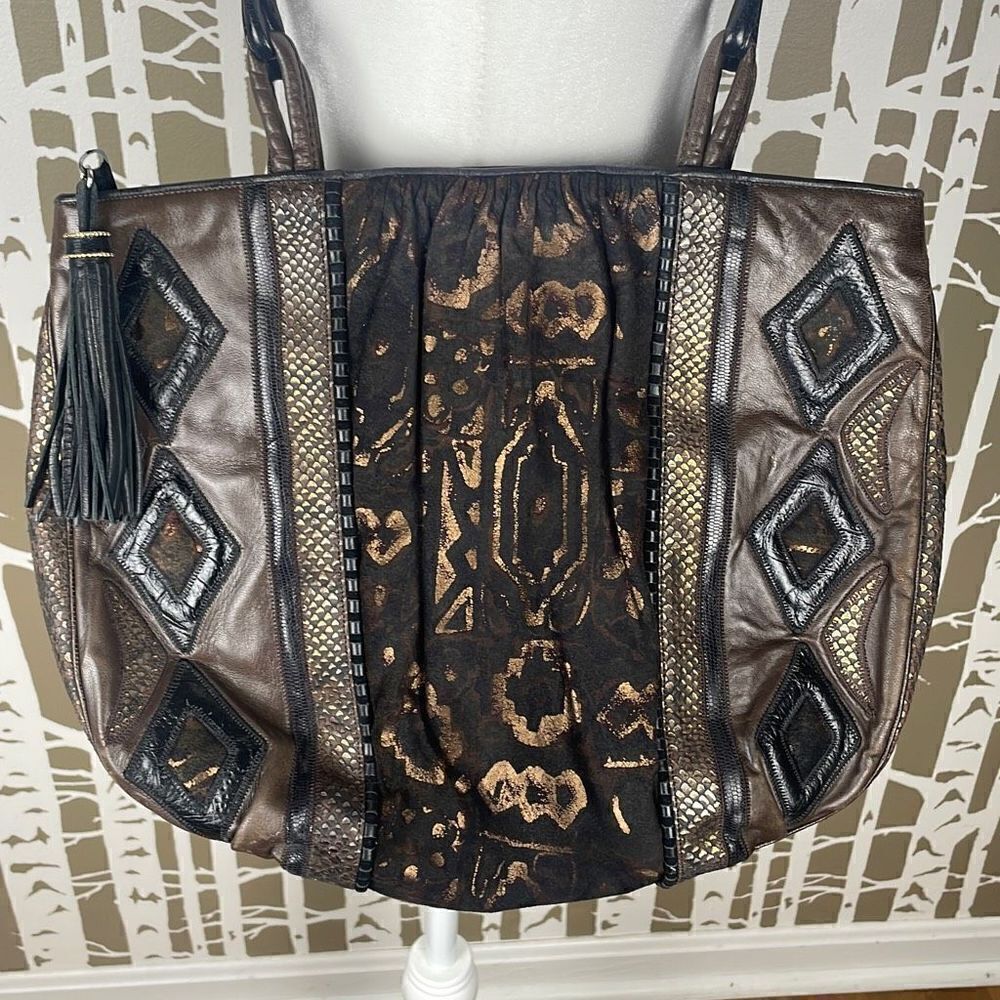 Sharif Vtg 80s Leather Mixed Media Patchwork Shoulder Bag Brown, Black, Copper